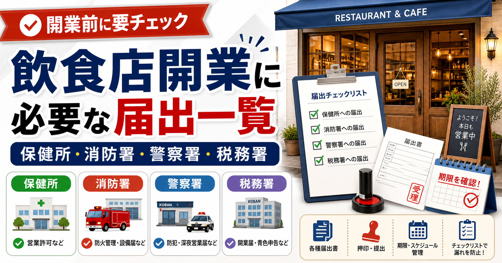 飲食店開業に必要な届出一覧｜保健所・消防署・警察署・税務署への手続きを徹底解説